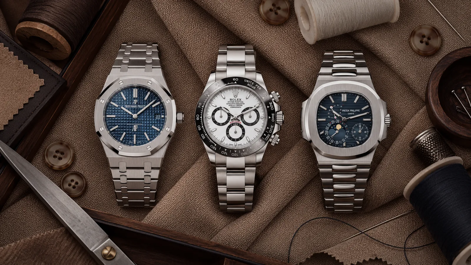 Audemars Piguet, Rolex and Patek Philippe watches resting on tailor's fabric, among spools of thread and buttons
