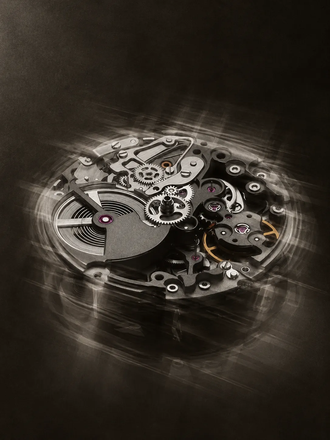 Close-up of the mechanical movement of a luxury watch